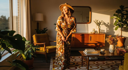 Beautiful woman in a dress and hat at home in the morningの素材