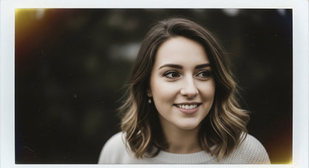 Portrait of a beautiful young woman in a white sweater against the background of the windowの素材