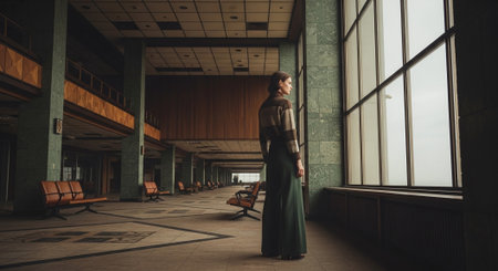 A young man in a long green dress stands in an empty hall.の素材