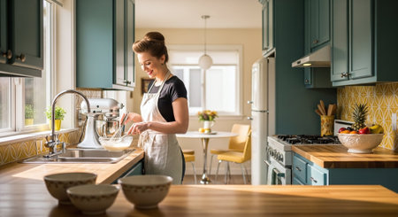 Young woman washing dishes in the kitchen at home. Healthy lifestyle.の素材