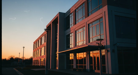 Sunset view of a modern office building in the early morning.の素材