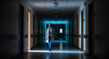 Woman in trench coat walking in dark corridor with glowing lights. Mixed mediaの素材