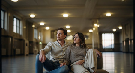 Young couple in love sitting on a couch in the lobby of a modern officeの素材