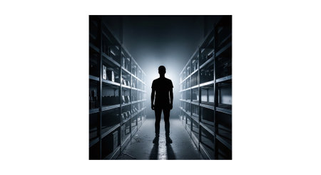 Silhouette of businesswoman standing in front of bookshelfの素材