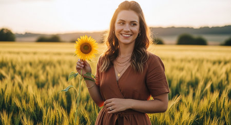 Young beautiful woman with sunflower in a wheat field at sunset.の素材