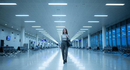 Young businesswoman walking in corridor of airport. Mixed media. Mixed mediaの素材
