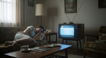 Young woman sleeping on a sofa in front of a television at home.の素材