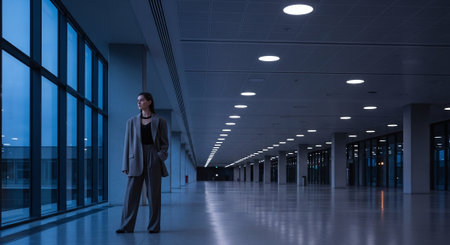 Businesswoman walking in the hallway of a modern office building at nightの素材