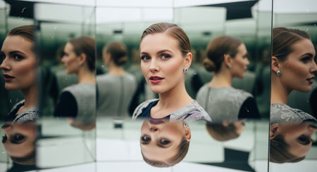 beautiful young woman looking at mirror reflection in mirror in modern officeの素材