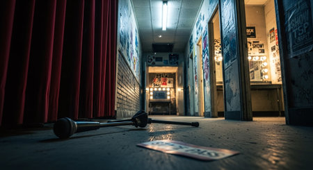Old microphone in the dark room with red curtain and red curtains.の素材