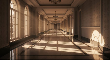 3D CG rendering of Modern building hallway with light and shadow.の素材