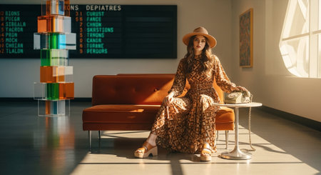 beautiful young woman in hat and dress sitting on sofa in airportの素材