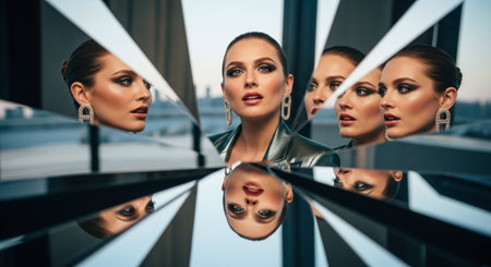 beautiful young women looking at camera through glass panels in modern officeの素材