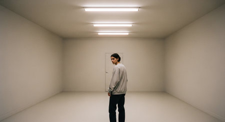 A man in a white sweatshirt stands in an empty room.の素材