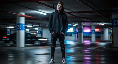 Portrait Of A Young Man Wearing Hoodie Standing In Parking Lotの素材