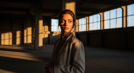 Portrait of a beautiful young brunette woman in a beige coat on a dark backgroundの素材