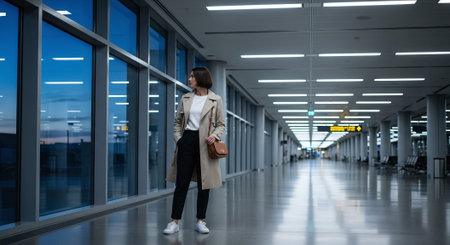 Young businesswoman walking in the airport, looking at the window.の素材