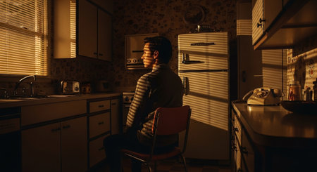 Young man sitting on a chair in the kitchen at night and thinkingの素材