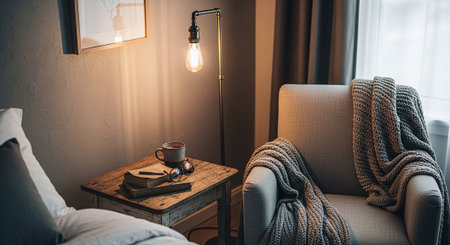 interior of bedroom with cozy armchair, coffee cup and lampの素材