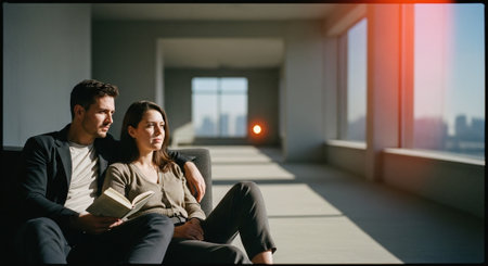 Young couple reading a book in the living room at home. Man and woman sitting on sofa and reading a book.の素材
