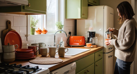 Young woman drinking coffee in the kitchen at home. Lifestyle portraitの素材
