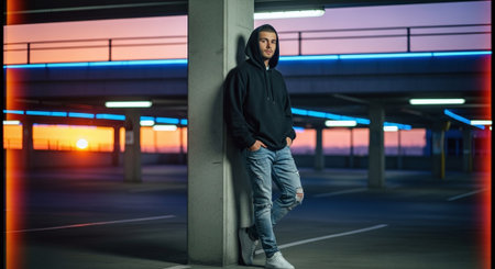 Young man in hoodie and jeans standing under bridge at night.の素材