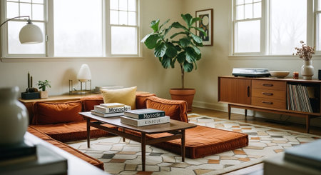 Interior of a living room with an orange sofa and wooden coffee tableの素材