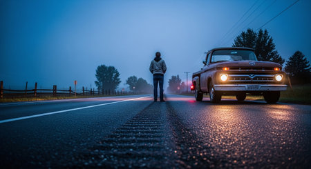 Man standing in front of his old car on the road at night.の素材