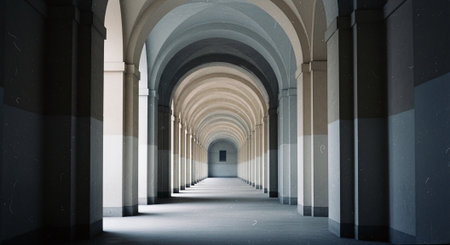 3d illustration of an empty corridor with arches and white wallsの素材