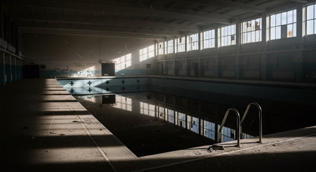 abandoned industrial swimming pool with reflections in water, low angle viewの素材