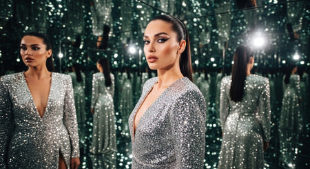 Portrait of a beautiful girl in a silver dress posing in the studio.の素材