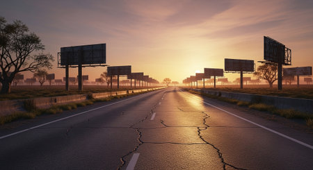Empty road in the countryside at sunrise, 3d rendering. Computer digital drawing.の素材