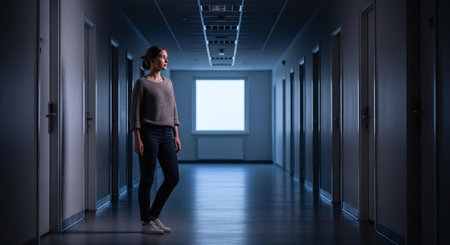 Young woman standing in corridor of an office building and looking at the cameraの素材
