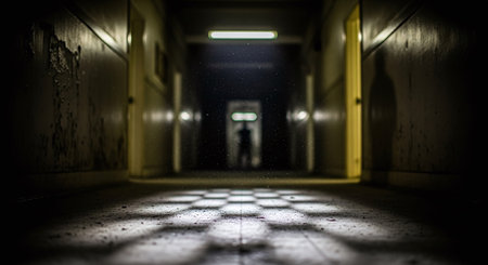 Dark corridor with lights. Horror concept. 3D render illustration.の素材