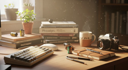 Business concept with coffee cup, calculator, camera, books and laptopの素材