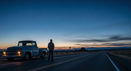 Silhouette of a man standing in front of an old carの素材