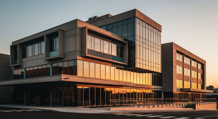 Modern office building exterior at sunset. Architectural detail of modern architecture.の素材