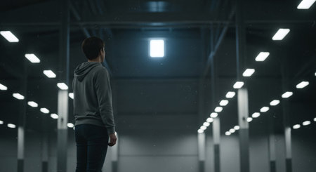 Back view of man in hoodie looking at light in dark corridorの素材