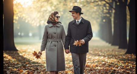 Beautiful couple walking in the park in autumn. Autumn season.の素材