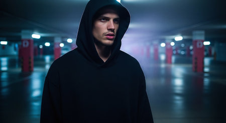 Portrait of a man in a black hoodie standing in the underground passageの素材