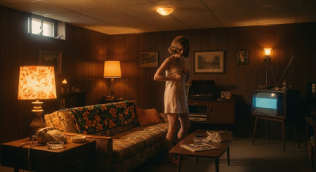 Beautiful young woman in the interior of the hotel room. The girl is dressed in a white dress.の素材