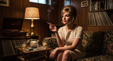 Beautiful young woman smoking a cigar in a room with a vintage interiorの素材