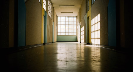 interior of an old industrial building with large windows and a long corridorの素材