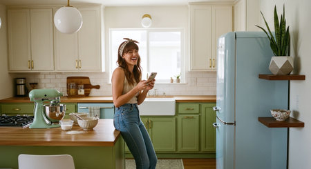 Happy young woman using mobile phone while standing in the kitchen at homeの素材
