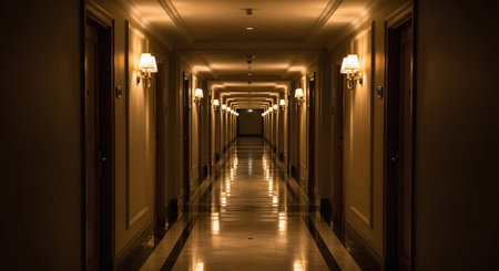 Luxury hotel corridor with lights and lamps, long exposure.の素材