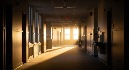 Interior of a hospital corridor lit by the morning sun. 3D renderingの素材