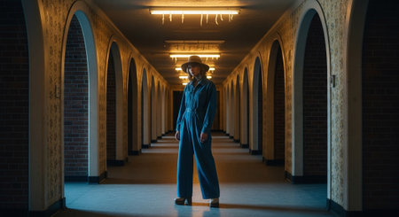 A young woman in a blue suit is walking in an empty corridor.の素材