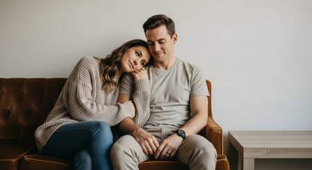 happy young couple hugging and looking at each other while sitting on sofa at homeの素材