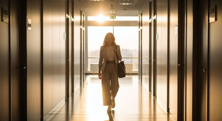 Businesswoman walking in corridor of modern office building. Businesswoman walking in corridor.の素材
