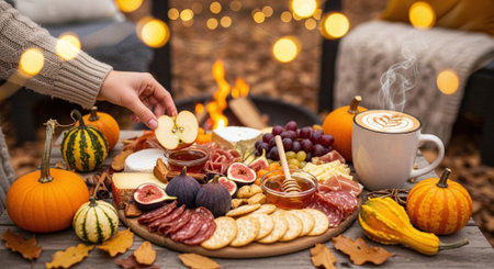Hands of a woman decorating a plate with different types of cheese, salami, grapes, nuts, honey, pumpkins.の素材